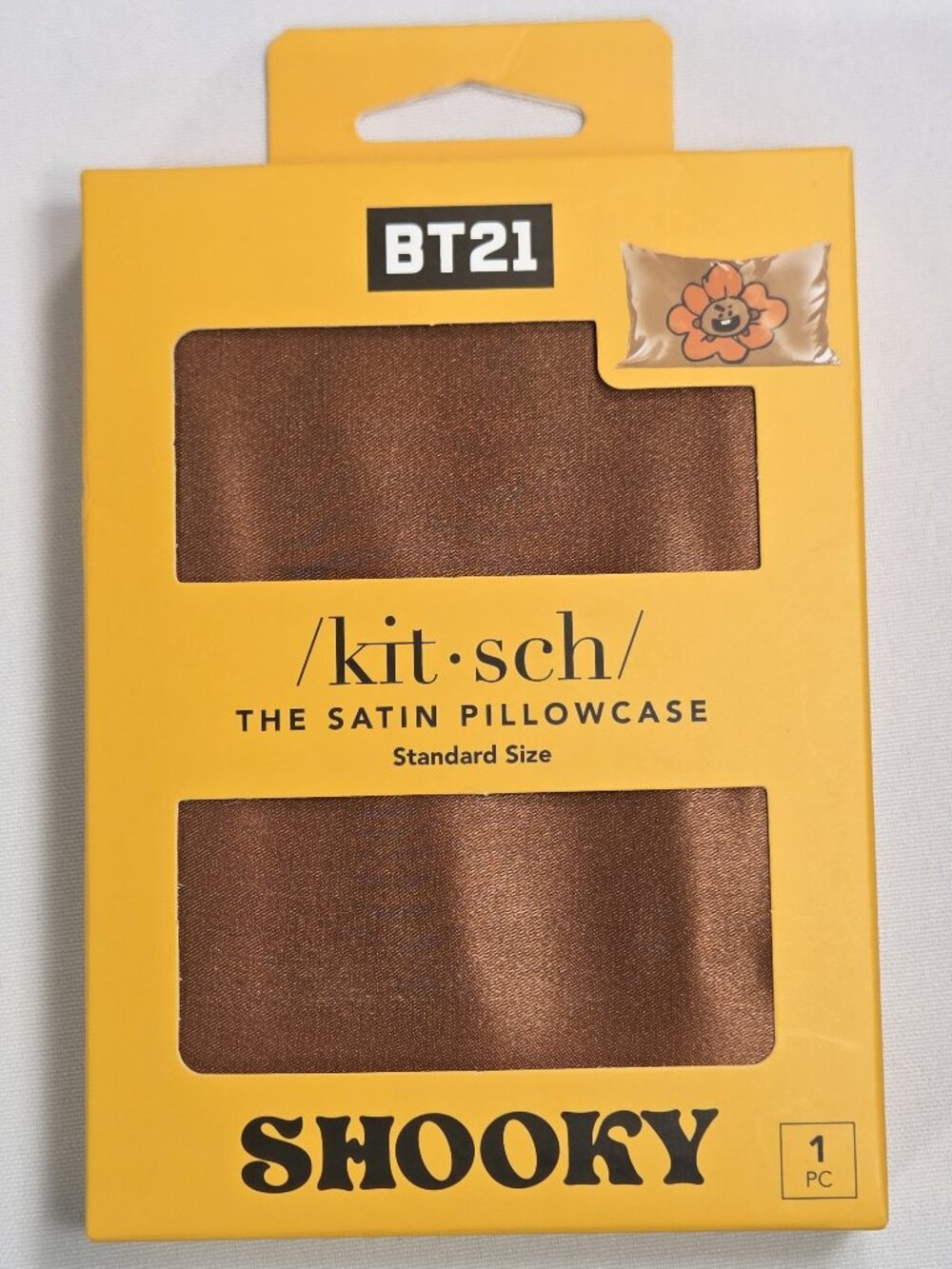 Kitsch x BT21 Shooky Satin Pillowcase Standard Size Zipper Brown BTS Merch NWT